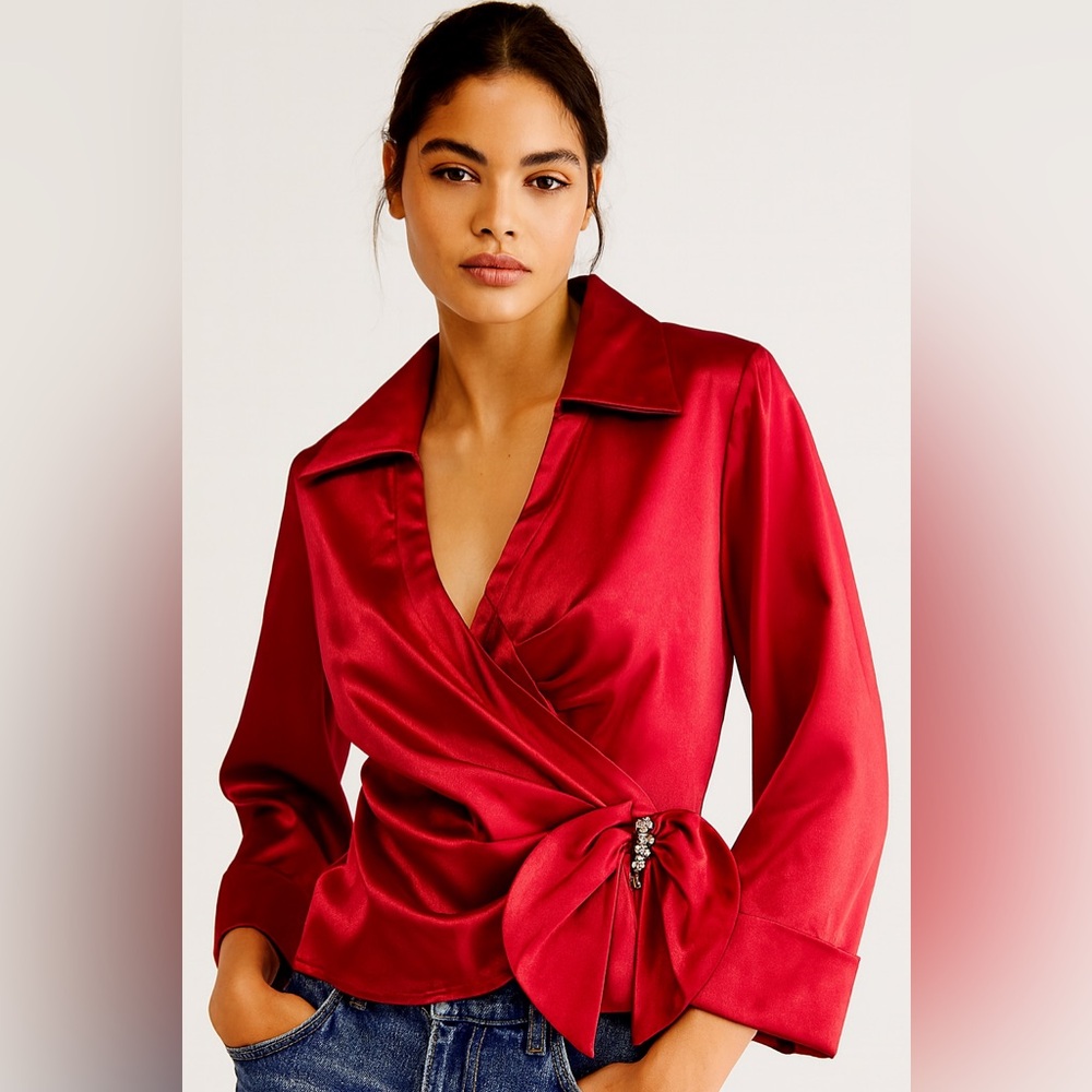 VTG Y2K J.R. Nites Red Satin Wrap Blazer Blouse Rhinestone Bow Evening Top 10P